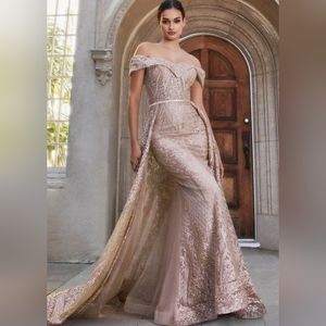 Rosegold mermaid sequin floor length off the  shoulder gown with wrap skirt